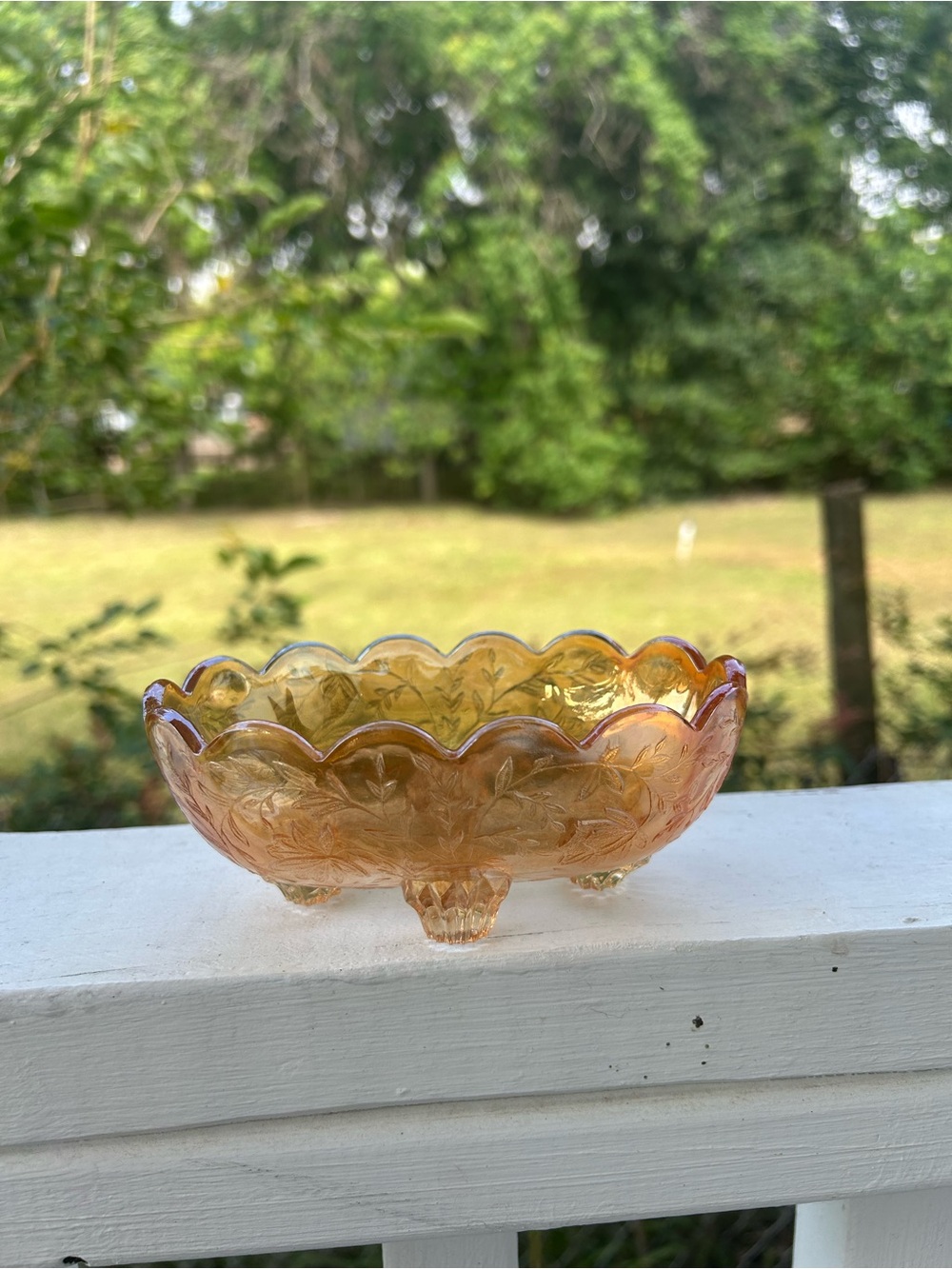 Iridescent Amber Glass Footed Bowl - Home Art